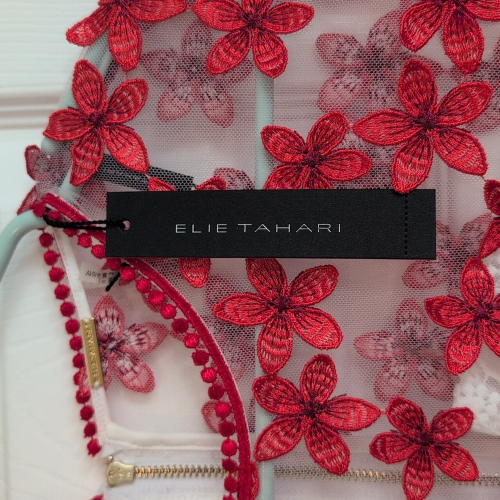 Elie Tahari Red and White Floral Lace Detail Dress NWT - Picture 7 of 10